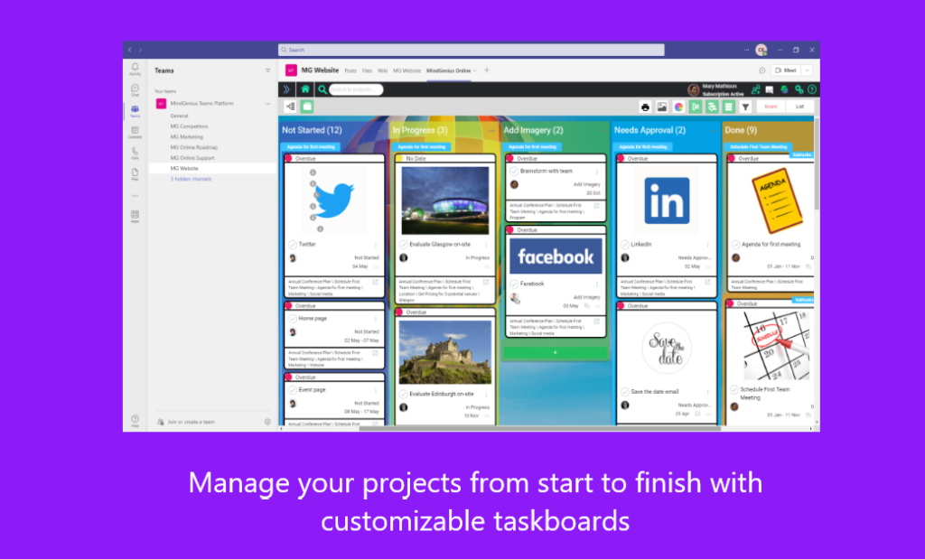 An image that shows how to launch MindGenius Online App with Microsoft Teams. Manage your projects from start to finish with customizable taskboards.
